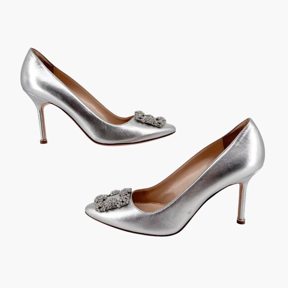 Manolo Blahnik Hangisi Pumps Heels Silver Size 39 US 9 Women Crystal Buckle - Picture 9 of 15